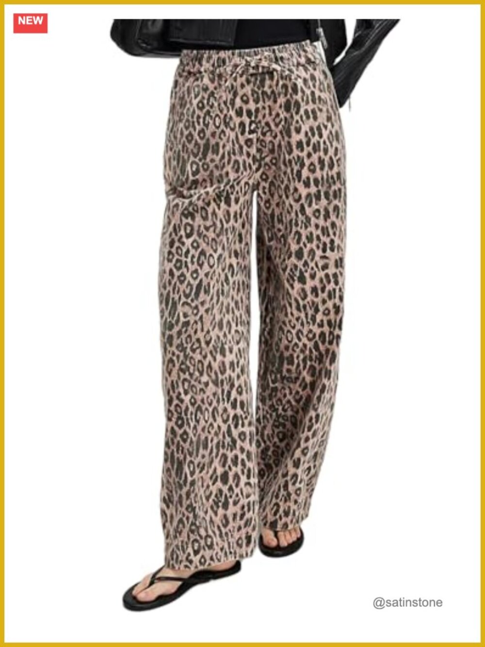 Women's Baggy Wide Leg Leopard Print Jeans Y2K Mid Rise Elastic Waist Drawstring